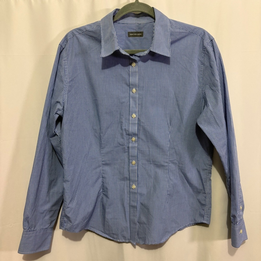 Van Heusen Women Blue Gingham Wrinkle Free Long Sleeve Button Down Shirt L 12-14